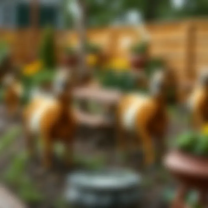 Outdoor garden display adorned with goat planters