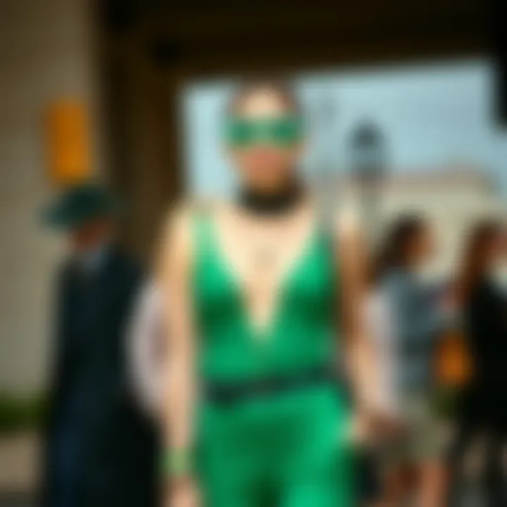 Fashionable ensemble featuring a green unitard with accessories