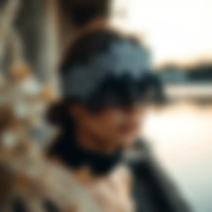 Artistic representation of blindfolded figure in a serene setting