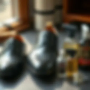 Polished shiny black shoes alongside shoe care products.