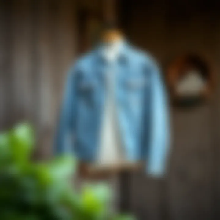 Vintage Jean Jacket Coat A vintage jean jacket coat displayed against a rustic background.