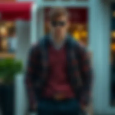 A stylish ensemble featuring a plaid sweater paired with complementary attire in a fashionable setting.