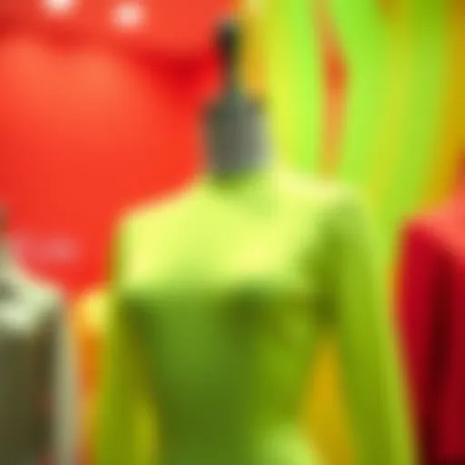 A striking neon green bodysuit displayed on a mannequin against a vibrant backdrop.