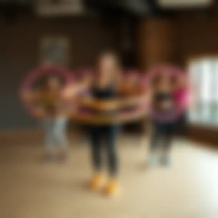 Dynamic Fitness Class with Padded Hula Hoops A group of individuals engaged in a fitness class using padded hula hoops.