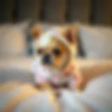 Cozy small dog wearing pajamas on a soft bed
