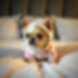 Cozy small dog wearing pajamas on a soft bed