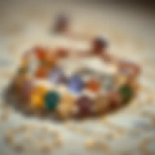 A close-up shot of a Reiki bracelet made of natural crystals and beads