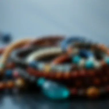 An artistic arrangement of various types of Reiki bracelets showcasing diverse materials