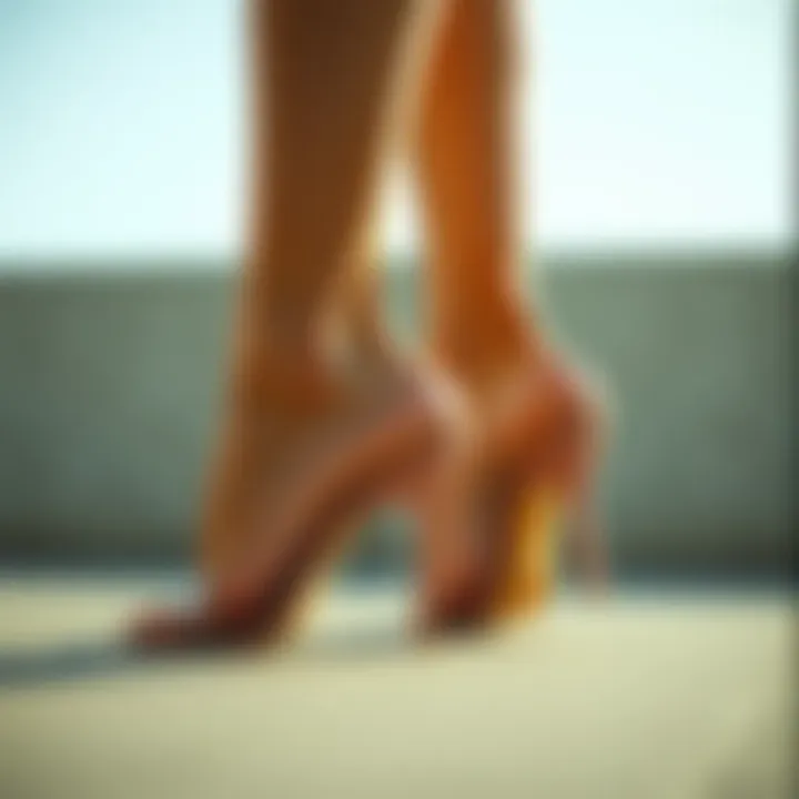 Fashionable Footwear with Clear Heel Straps Fashionable footwear displaying clear heel straps enhancing the overall look