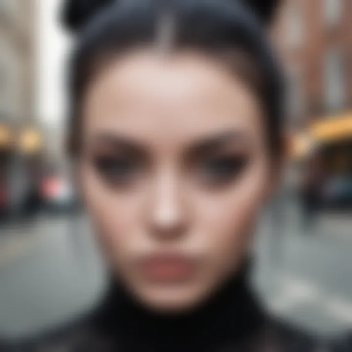 A fashion model showcasing goth lashes in an urban setting.