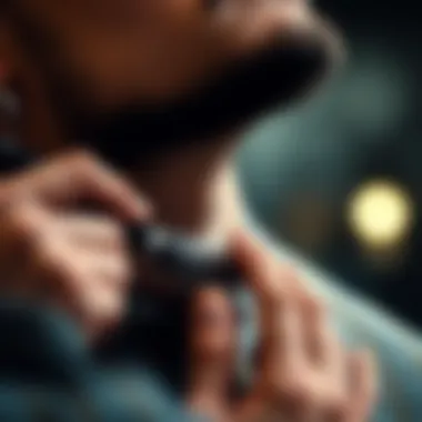 Precision in Grooming: The Use of Neck Dusters A close-up of a barber using a neck duster on a client, highlighting the precision and care involved.