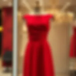 Elegant red knee-length cocktail dress displayed on a mannequin