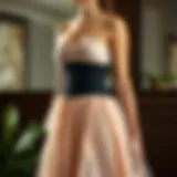 Elegant display of a mesh corset belt styled over a flowing dress