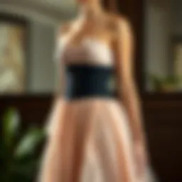 Elegant display of a mesh corset belt styled over a flowing dress
