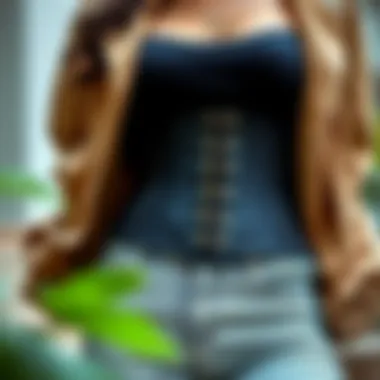 Fashionable layering of a mesh corset belt with casual attire