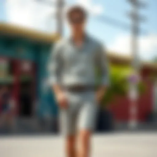 Stylish Shirt and Shorts Combo A stylish combination of a button-down shirt and tailored shorts in a vibrant outdoor setting.