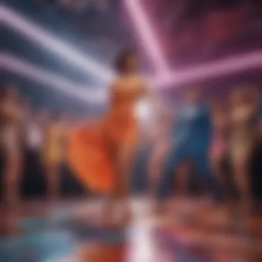 Energetic 60s Disco Dance Atmosphere A lively disco dance floor scene featuring dancers in classic 60s attire