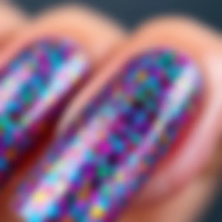 Close-up of chameleon flakes application on nails, highlighting texture and shine.