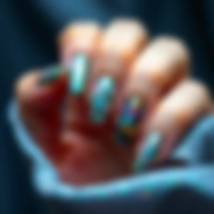 Nail art design featuring chameleon flakes integrated with other artistic elements.
