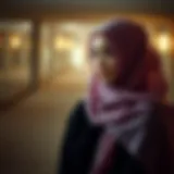 Elegant draping of opaque chiffon hijab showcasing intricate patterns