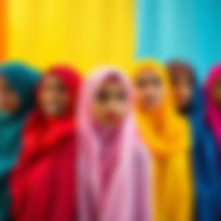 A collection of vibrant opaque chiffon hijabs displayed artistically