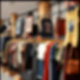 A cluttered retail display showcasing discounted fashion items