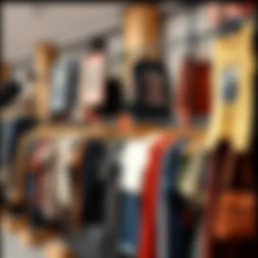 A cluttered retail display showcasing discounted fashion items