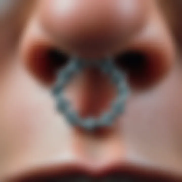 Close-up of a titanium septum jewelry piece showcasing intricate design