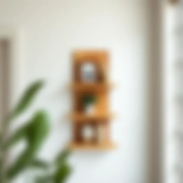 Stylish wooden corner shelf displaying decorative items