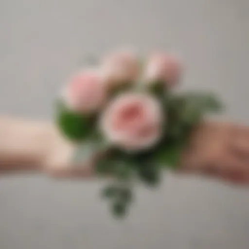 Elegant wrist flower arrangement featuring roses and greenery