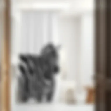 Zebra shower curtain in a minimalistic bathroom setting