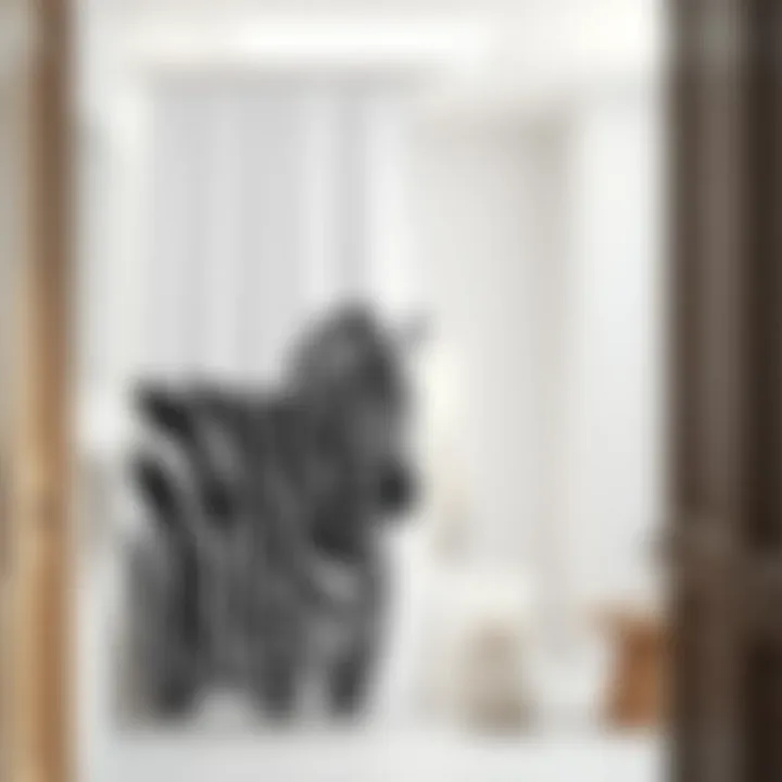 Zebra shower curtain in a minimalistic bathroom setting